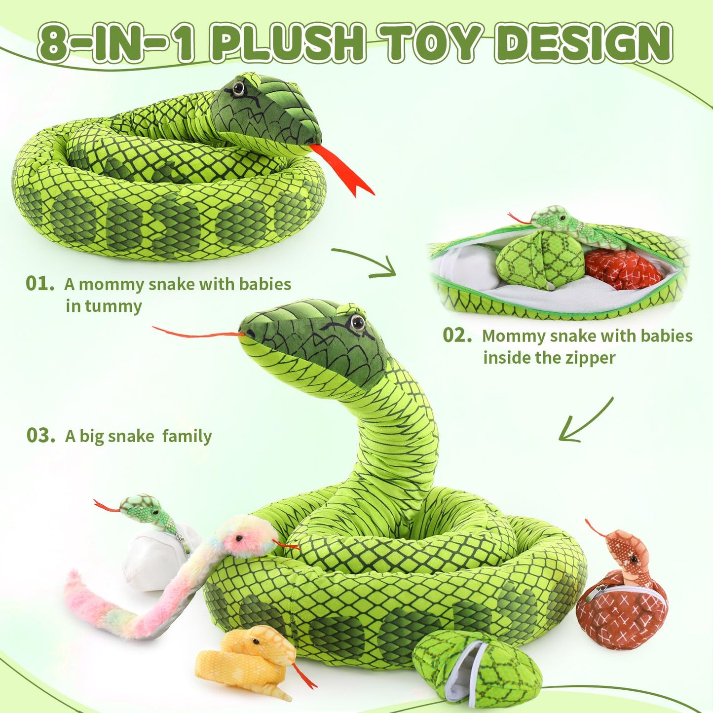 MaoGoLan 118-Inch Giant Green Snake with 4 Babies & 3 Eggs – Plush Toy