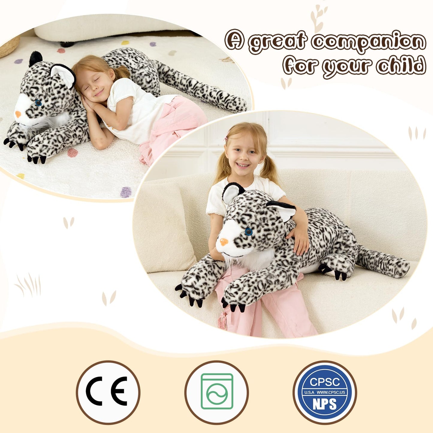 MaoGoLan Giant Realistic Snow Leopard Stuffed Animal – 47” Soft Plush Toy & Pillow
