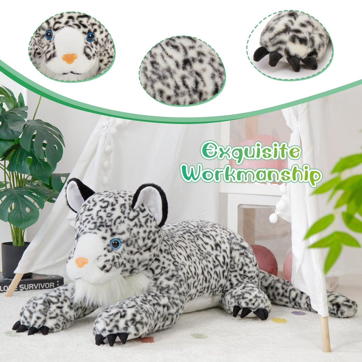MaoGoLan Giant Realistic Snow Leopard Stuffed Animal – 47” Soft Plush Toy & Pillow