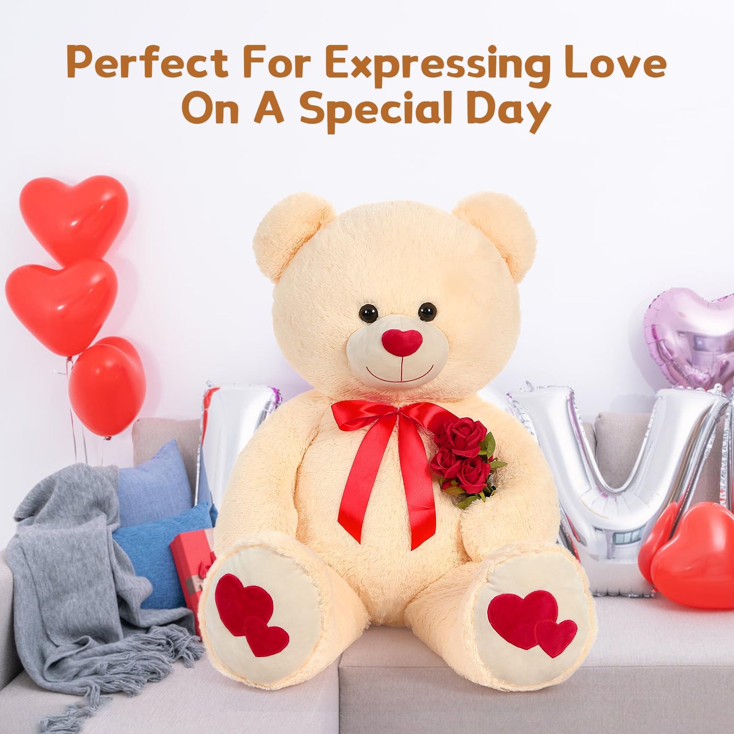 MaoGoLan Giant Teddy Bear Plush 47in – Big Valentine Gift with Heart Footprints