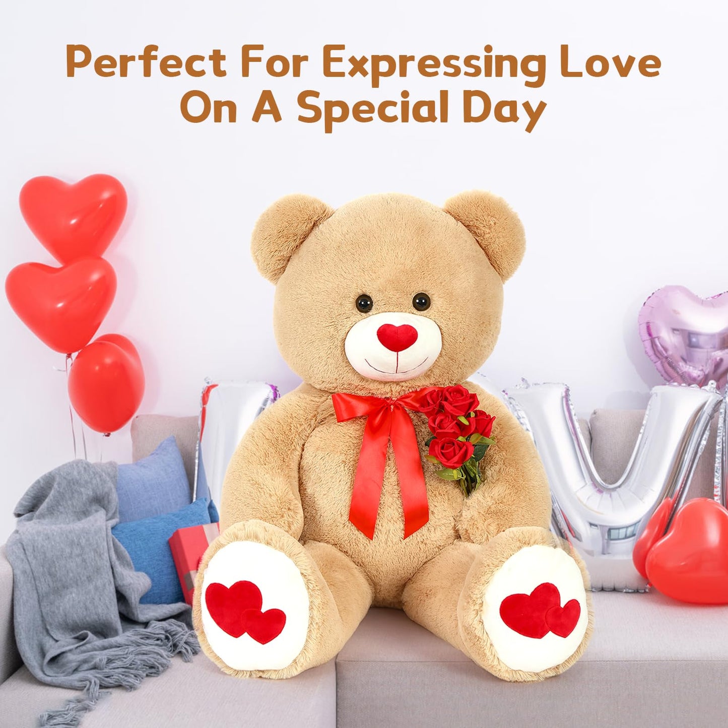 MaoGoLan Giant 47-Inch Teddy Bear Plush – Heart Footprints & Heart Nose | Valentine Gift