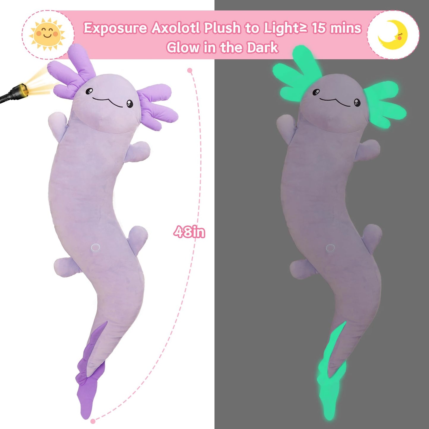 MaoGoLan Giant Axolotl Plush Pillow – Glow-in-the-Dark Purple Salamander Body Pillow