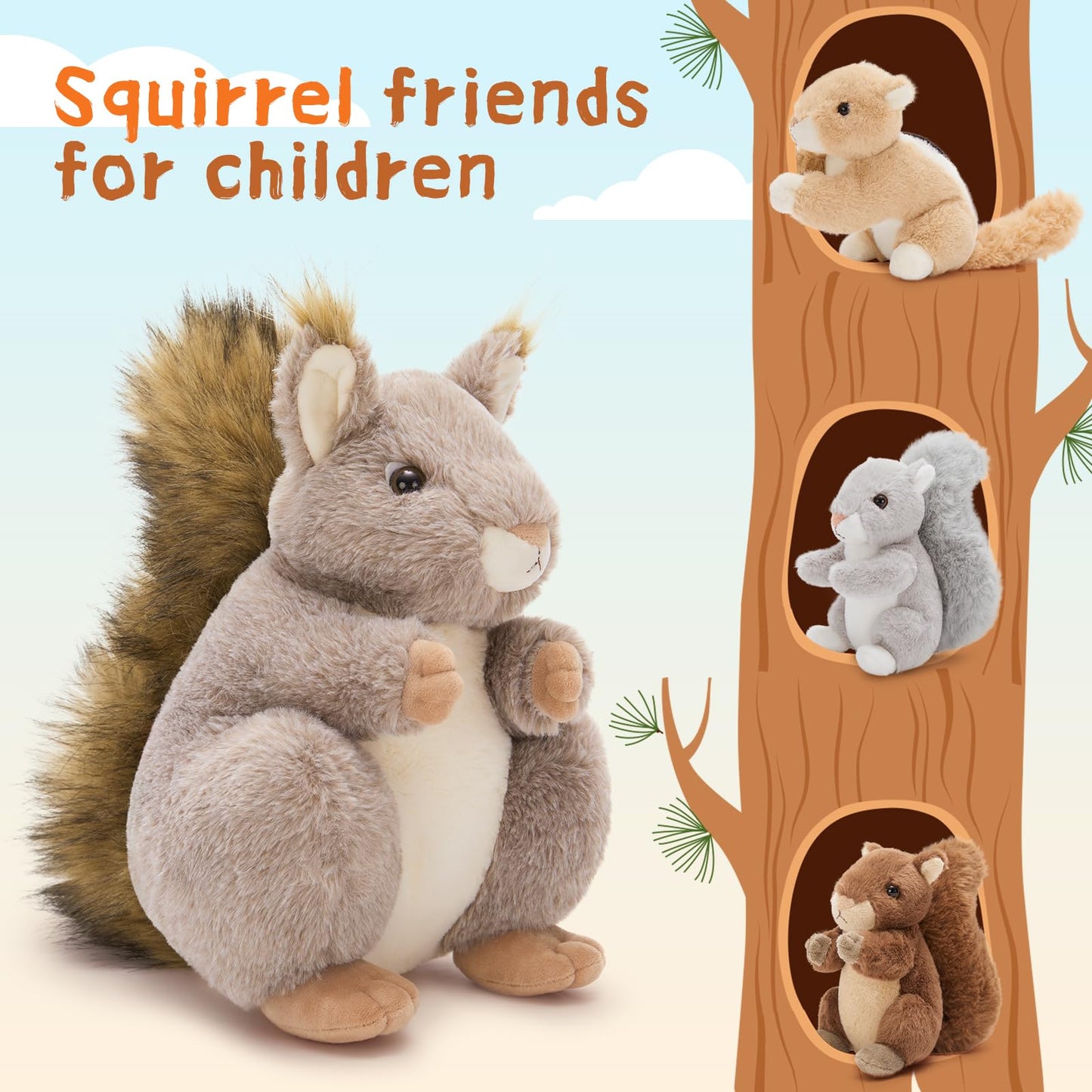 MaoGoLan 4Pcs Squirrels Plush Set – Realistic Squirrel Toys with 3 Baby Squirrels