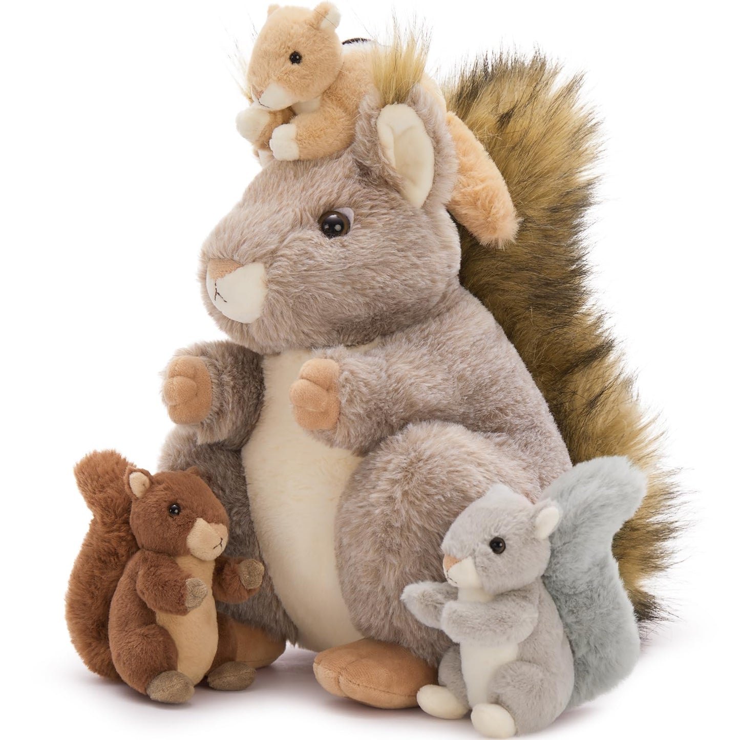 MaoGoLan 4Pcs Squirrels Plush Set – Realistic Squirrel Toys with 3 Baby Squirrels