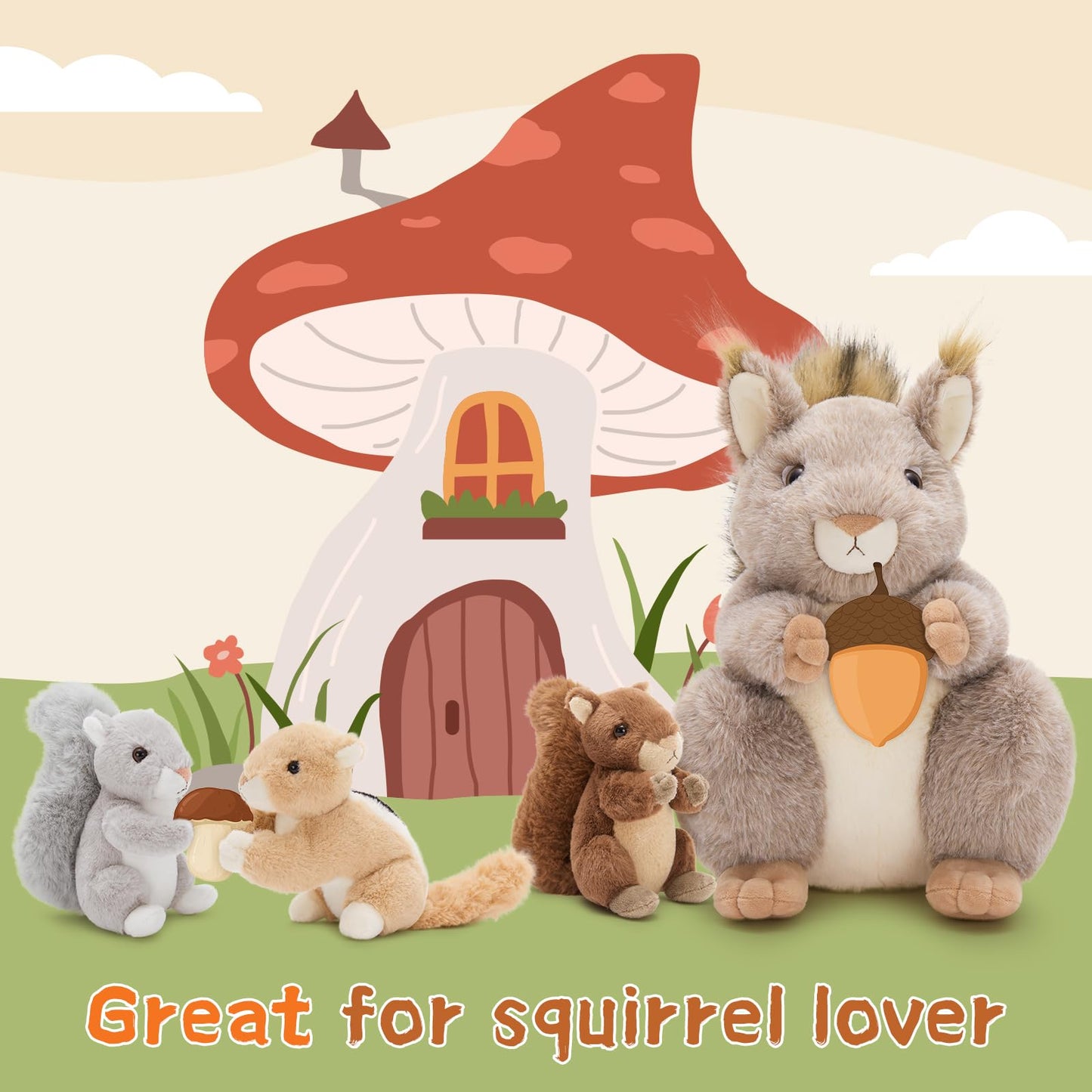 MaoGoLan 4Pcs Squirrels Plush Set – Realistic Squirrel Toys with 3 Baby Squirrels