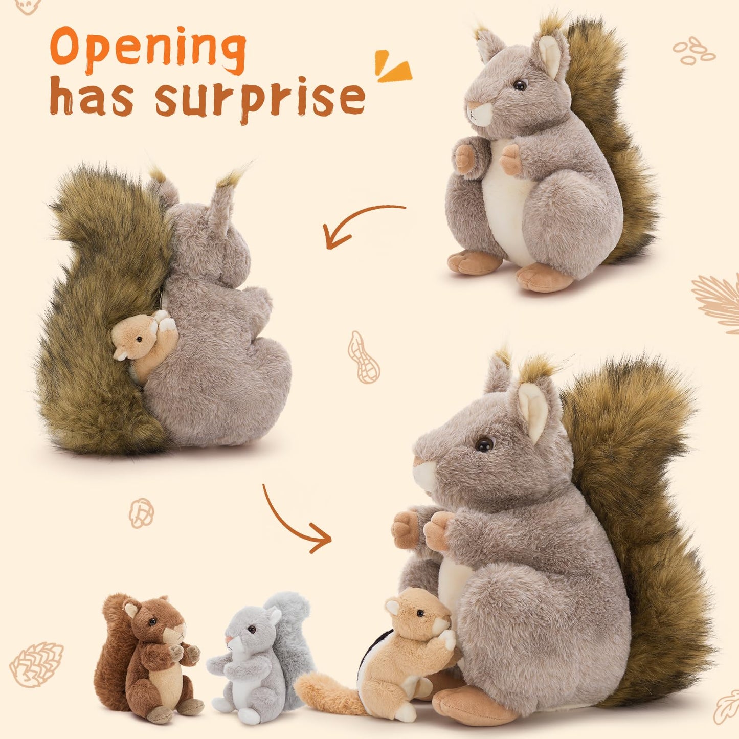 MaoGoLan 4Pcs Squirrels Plush Set – Realistic Squirrel Toys with 3 Baby Squirrels
