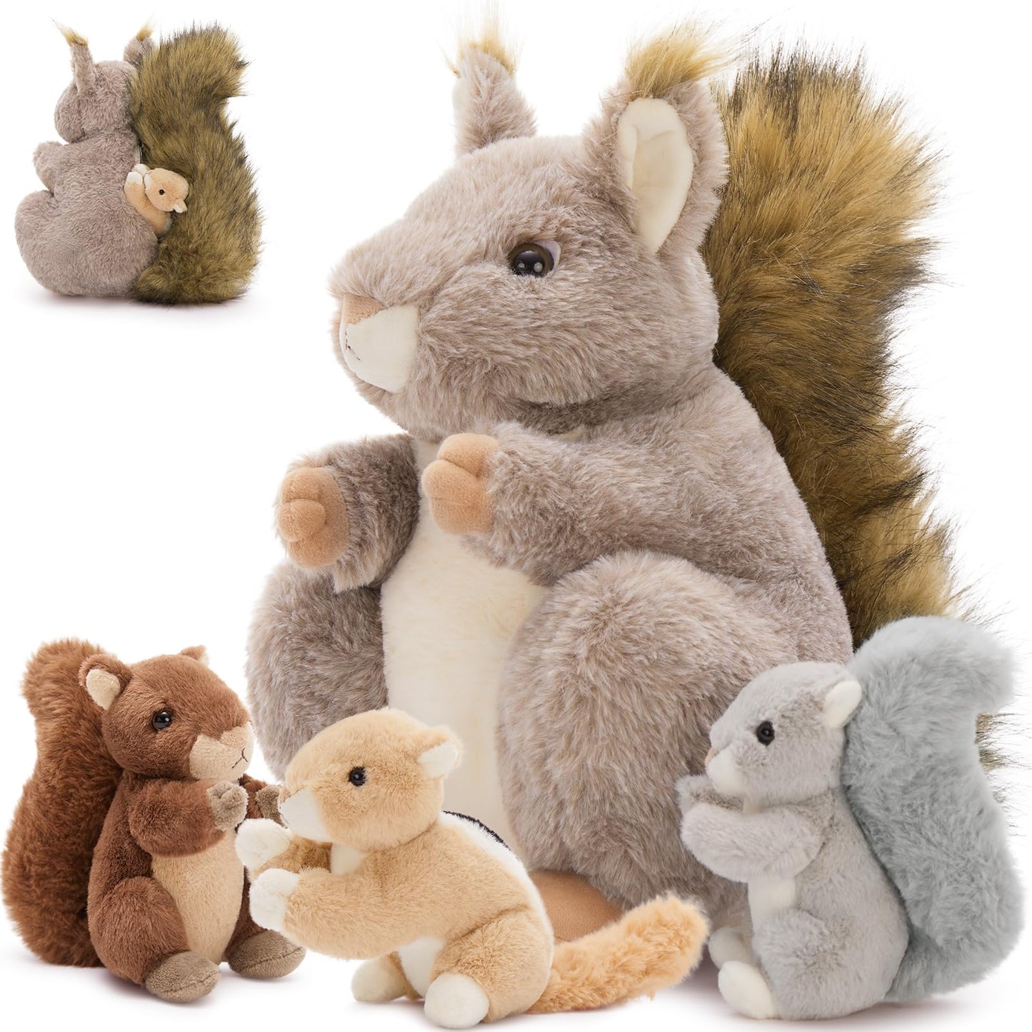 MaoGoLan 4Pcs Squirrels Plush Set – Realistic Squirrel Toys with 3 Baby Squirrels