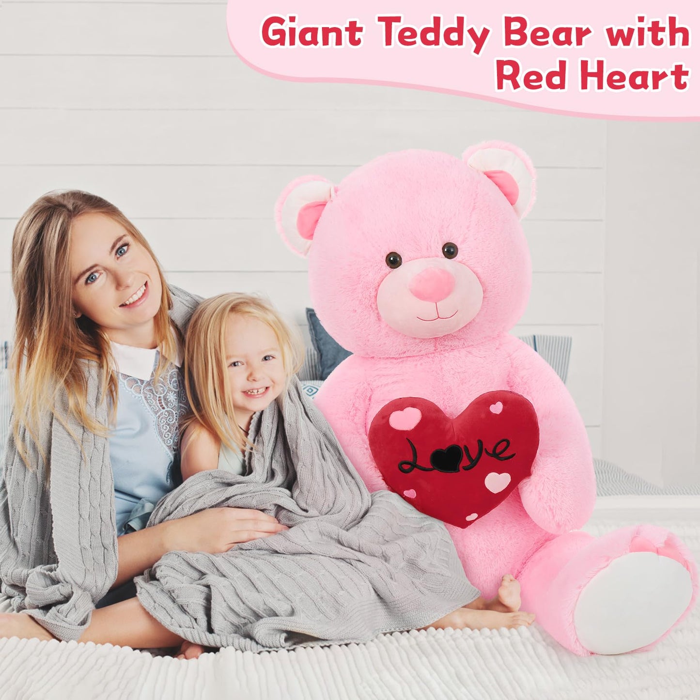MaoGoLan 51-Inch Pink Teddy Bear with Red Heart — Plush Gift