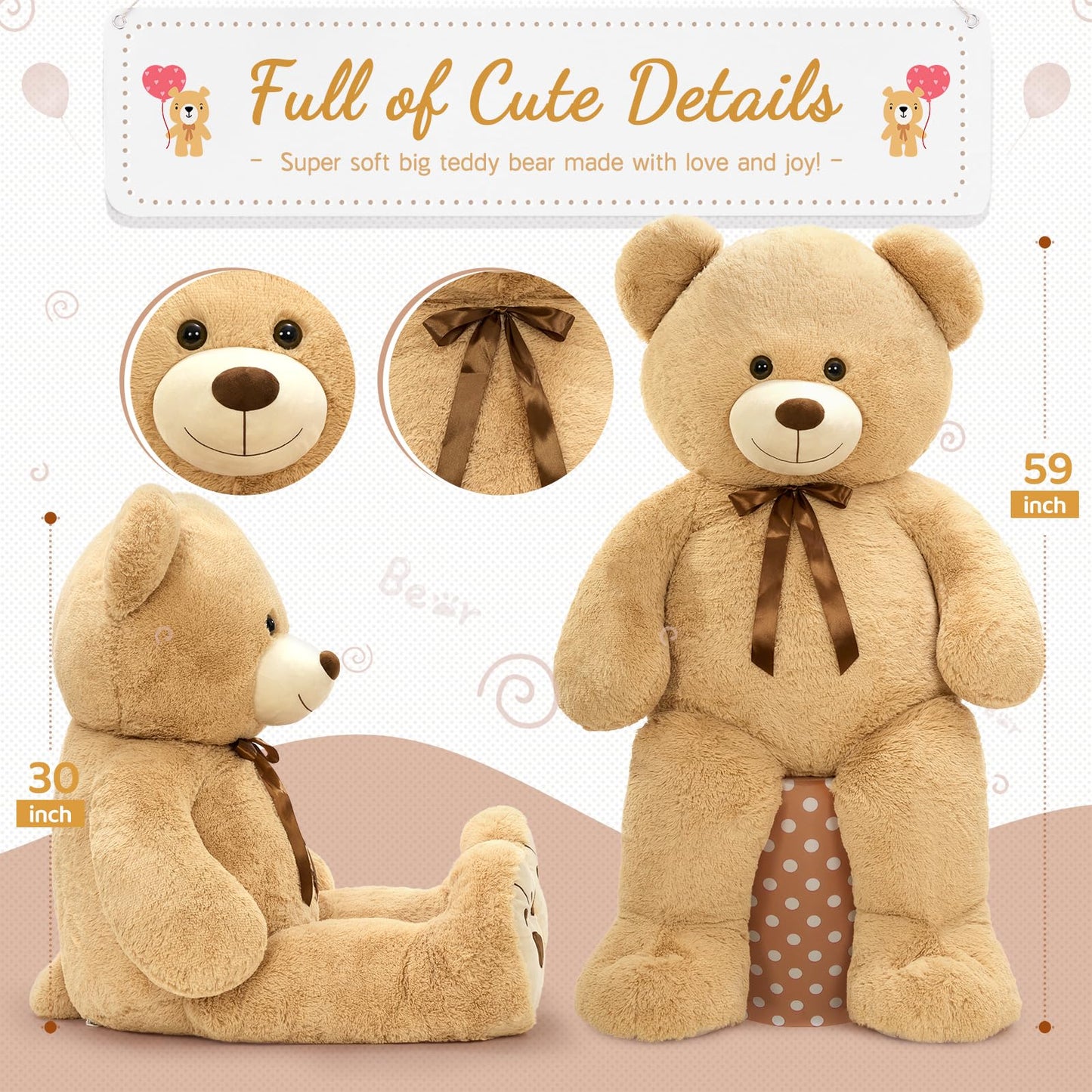 MaoGoLan 59-Inch Giant Teddy Bear – Cream Plush, 5ft Big Stuffed Animal for Kids, Gifts & Decor