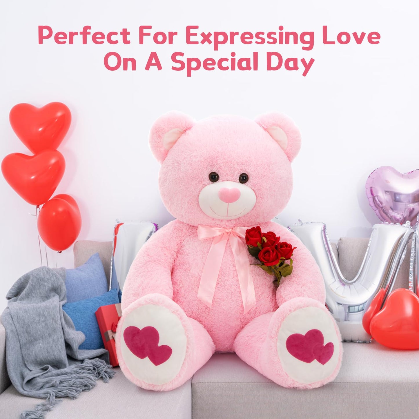 MaoGoLan Giant Pink Teddy Bear Plush 47 Inch – Heart Footprints & Heart Nose