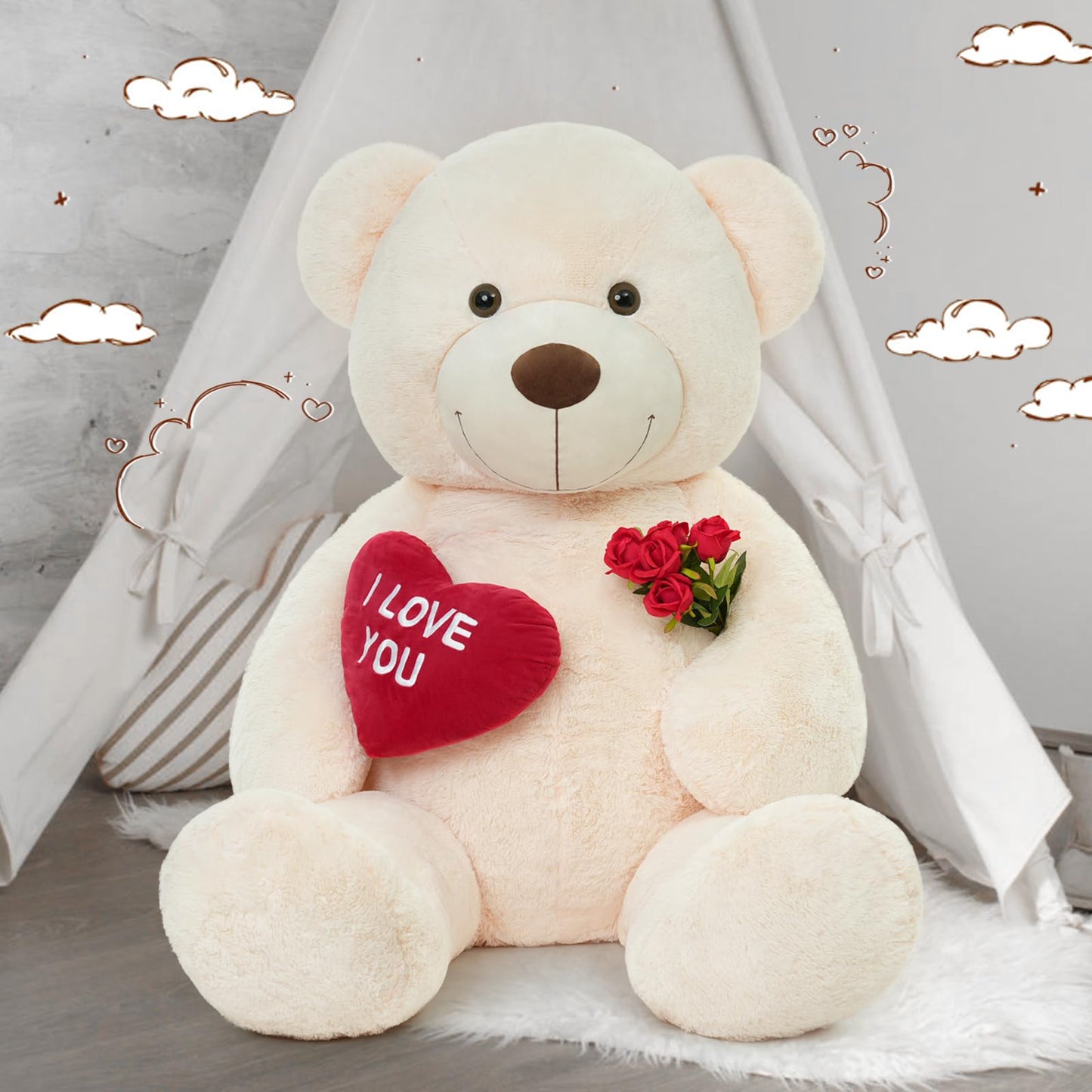 MaoGoLan Big Teddy Bear – 36-Inch White Plush with Velvet Heart