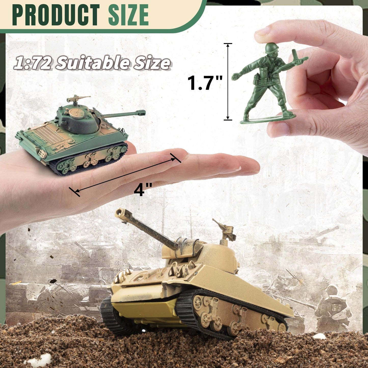 MaozyHomie WW2 Army Tank & Army Men Playset — 2 Tanks + 10 Soldiers, 1:72 Scale