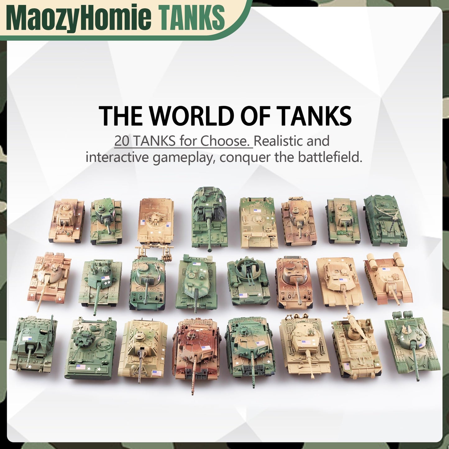 MaozyHomie WW2 Army Tank & Army Men Playset — 2 Tanks + 10 Soldiers, 1:72 Scale
