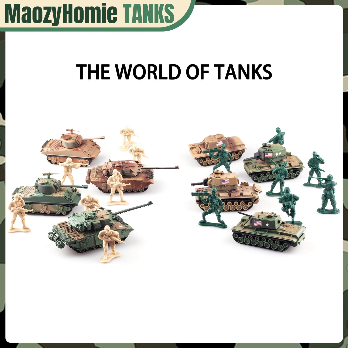 MaozyHomie WW2 Army Tank & Army Men Playset — 2 Tanks + 10 Soldiers, 1:72 Scale