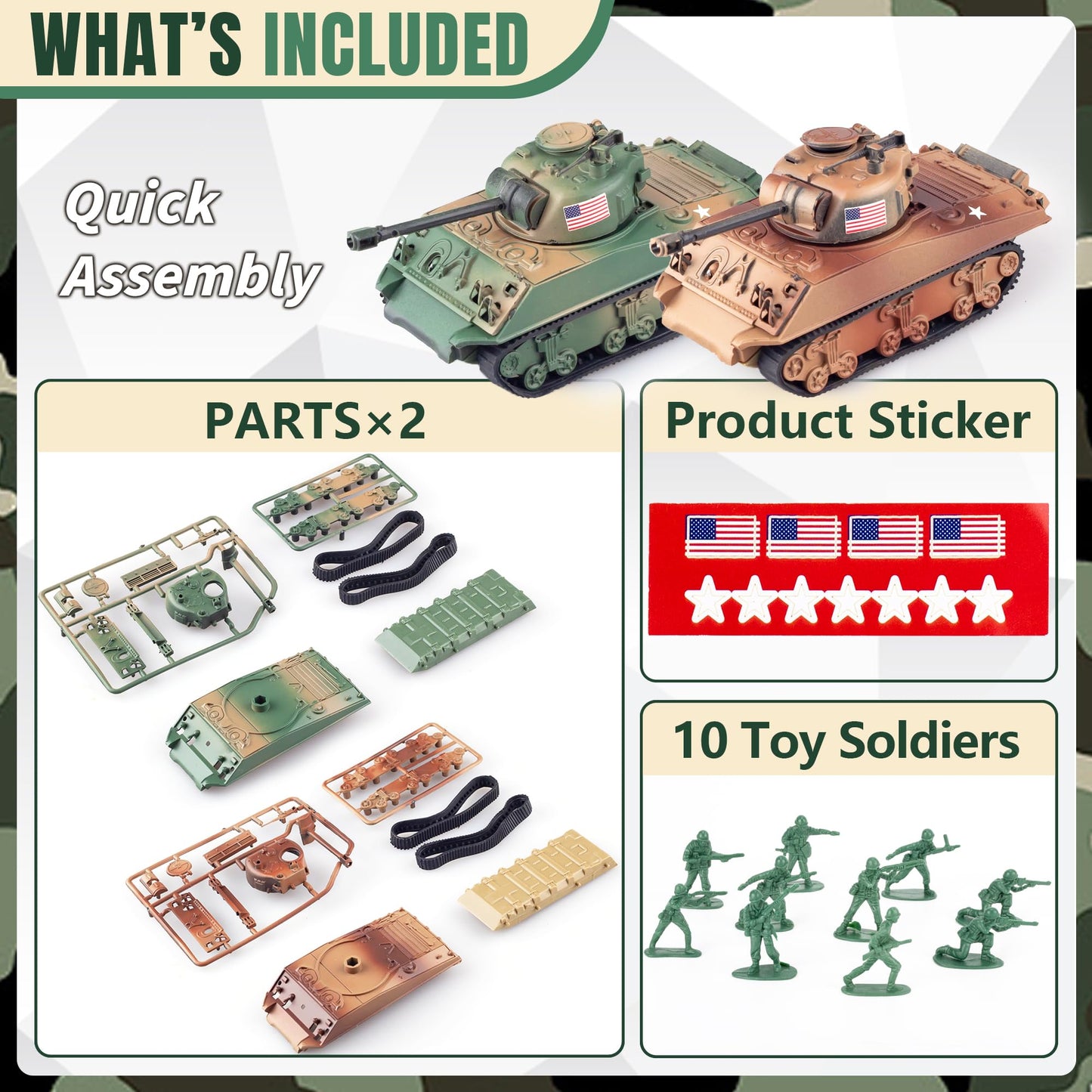 MaozyHomie WW2 Army Tank & Army Men Playset — 2 Tanks + 10 Soldiers, 1:72 Scale