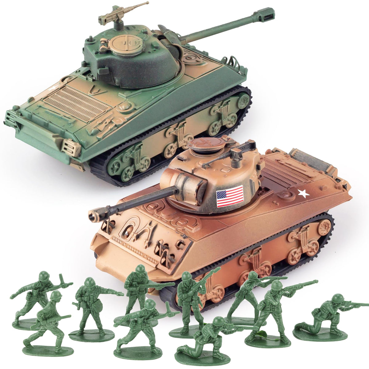 MaozyHomie WW2 Army Tank & Army Men Playset — 2 Tanks + 10 Soldiers, 1:72 Scale