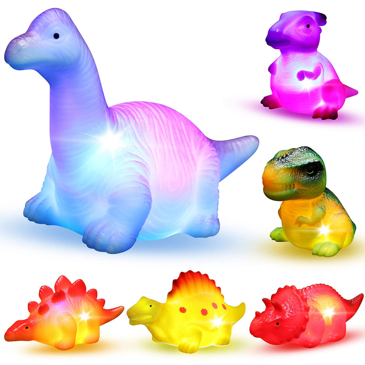MAPIXO 6-Pack Light-Up Floating Dinosaur Bath Toys Set | Glow-In-Water Bath Time Fun