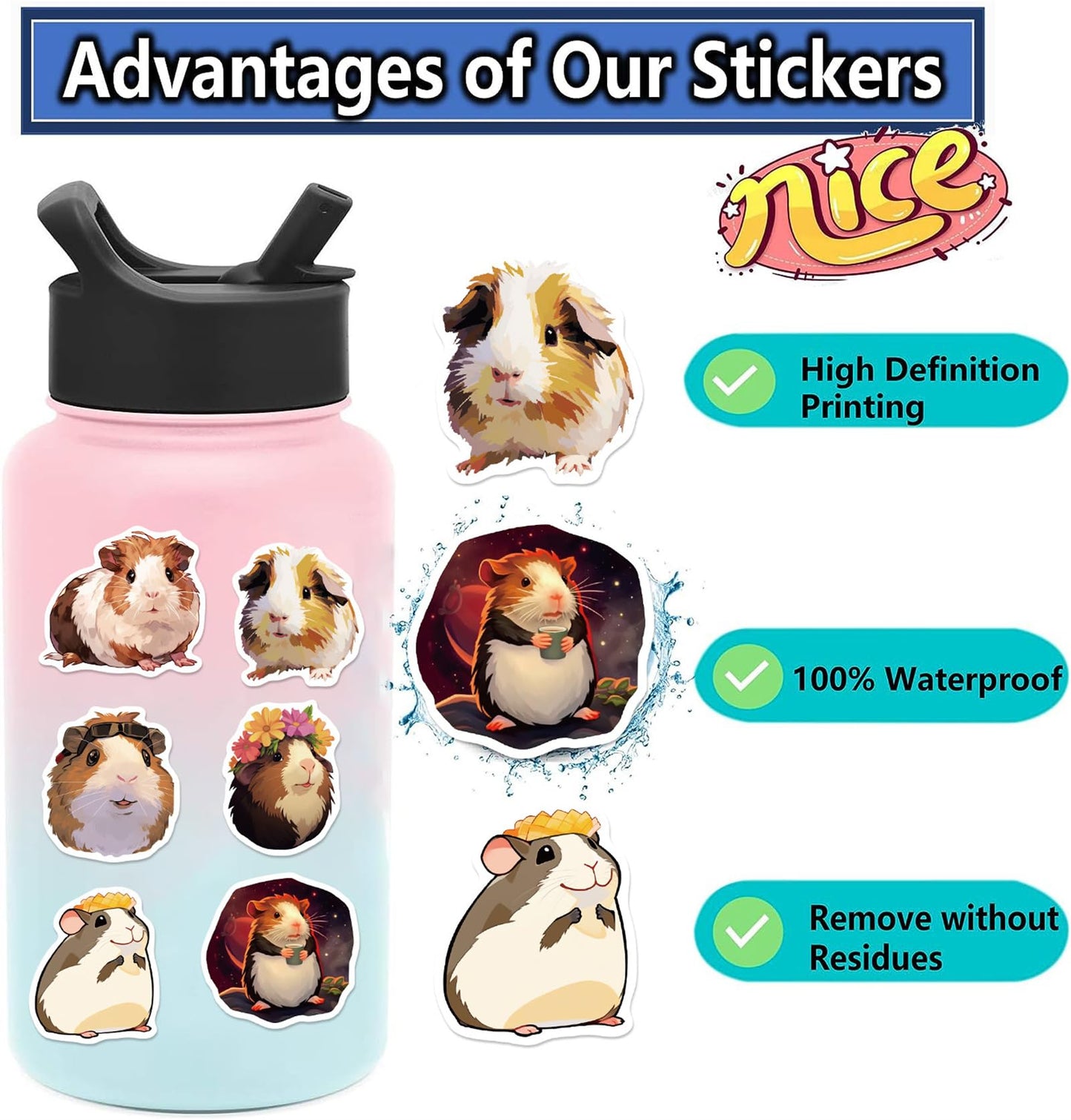 MAQIYI 50pcs Guinea Pig Stickers – Cute Cartoon Cavy Vinyl Decals for Laptops, Water Bottles & Journals