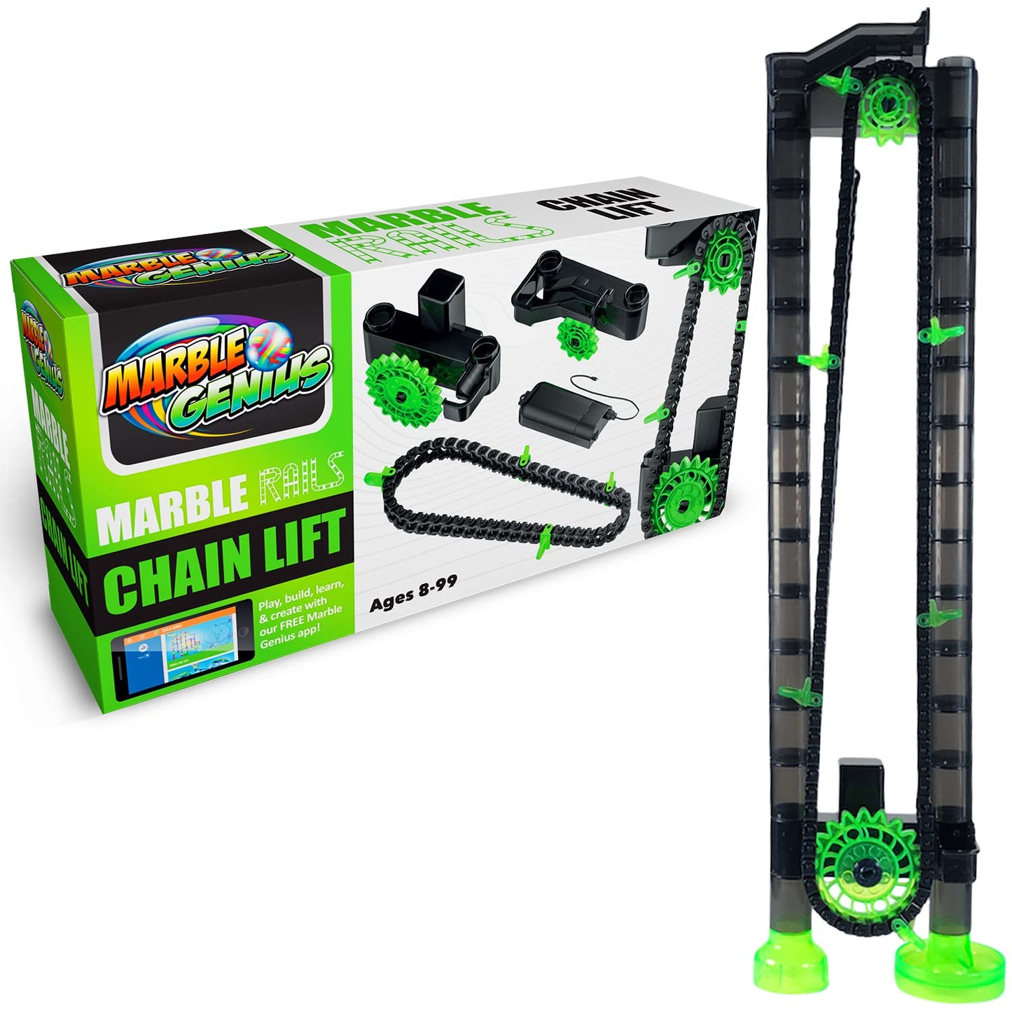 Marble Genius Add-on Accessory: Marble Rails with Automatic Chain Lift – 1 Piece Marble Run