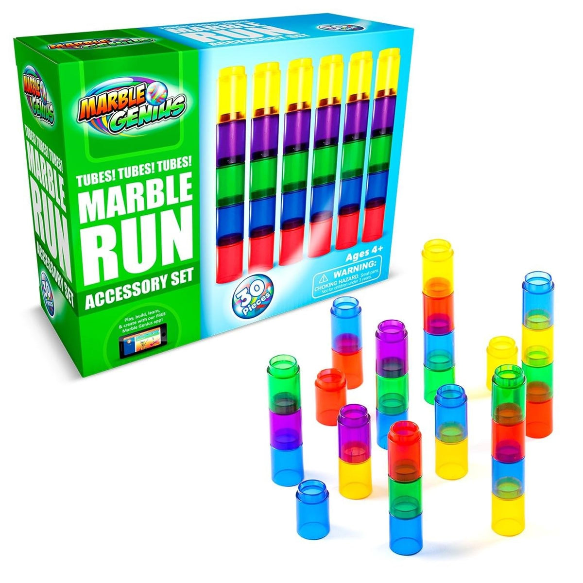 Marble Genius Tubes 30pcs – Educational Marble Run Accessory Set for 4+
