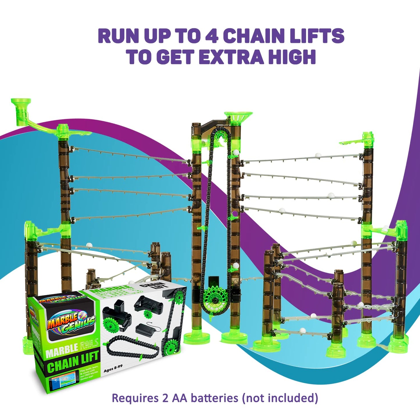 Marble Genius Add-on Accessory: Marble Rails with Automatic Chain Lift – 1 Piece Marble Run
