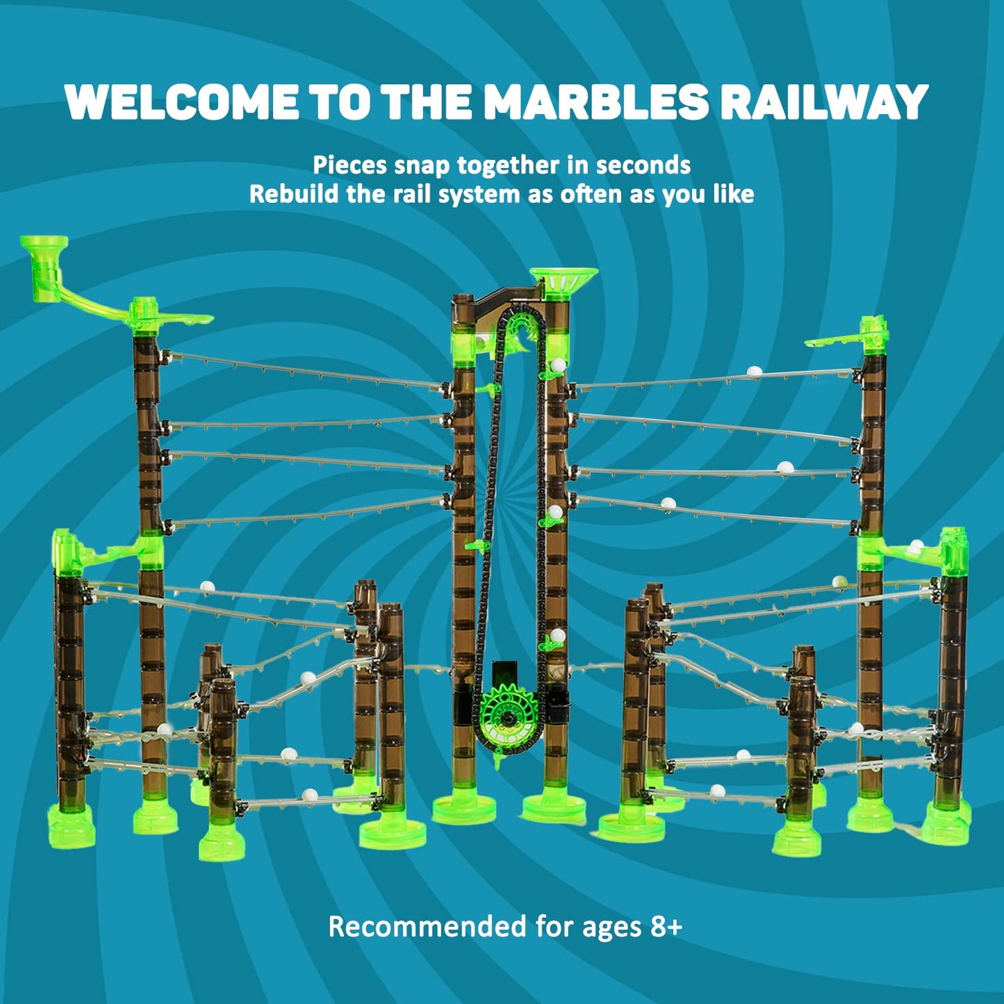 Marble Genius Add-on Accessory: Marble Rails with Automatic Chain Lift – 1 Piece Marble Run