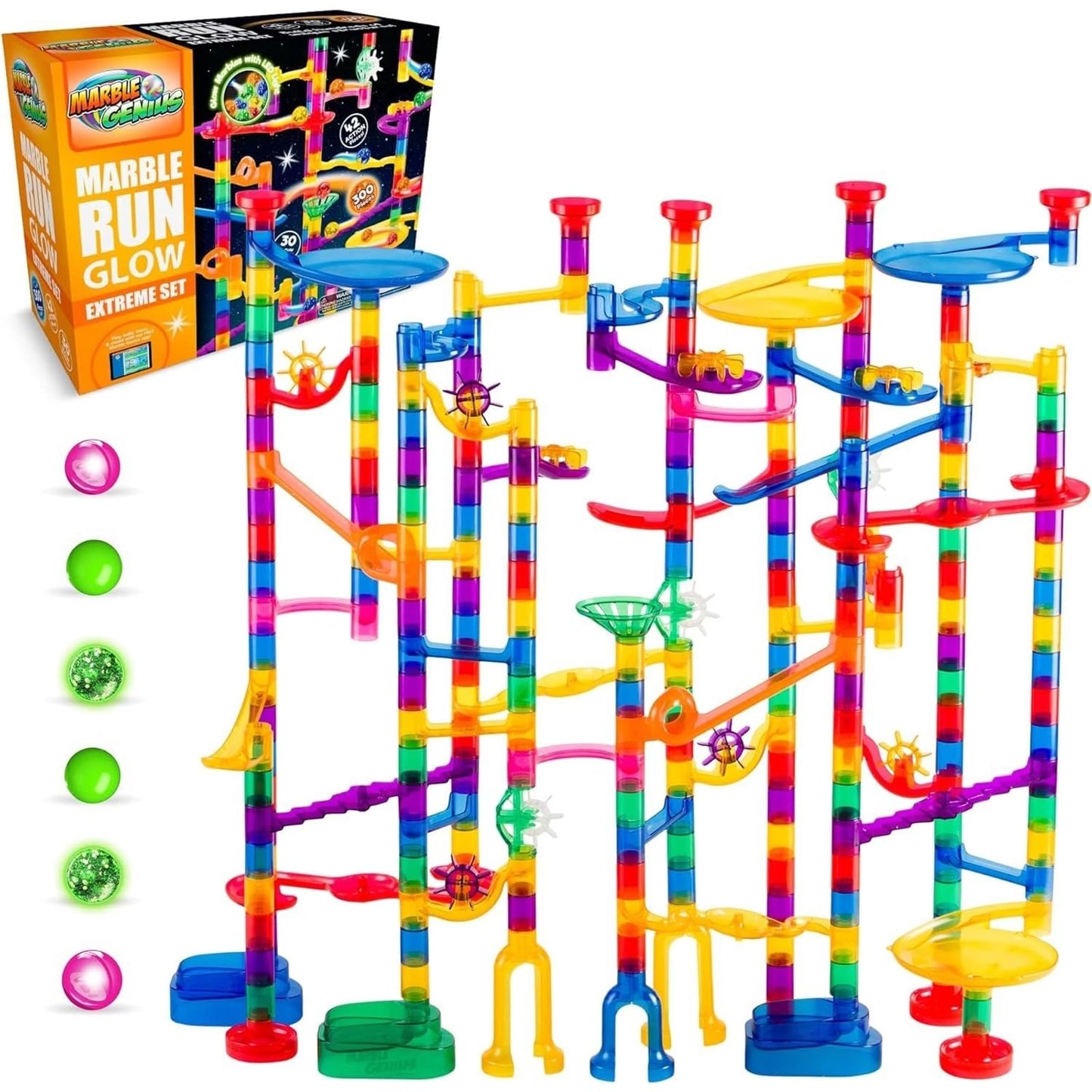 Marble Genius Marble Run Race Track - 300-Piece Glow Extreme STEM Toy for Kids 4+