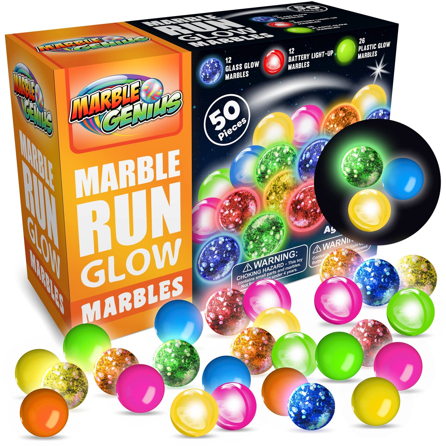 Marble Genius Glow in the Dark Marbles – 50 Pieces, Multicolor LED Orbs