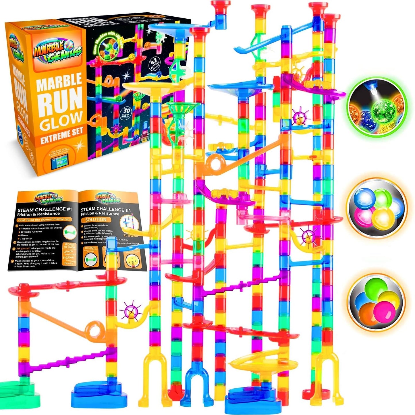 Marble Genius Marble Run Race Track - 300-Piece Glow Extreme STEM Toy for Kids 4+
