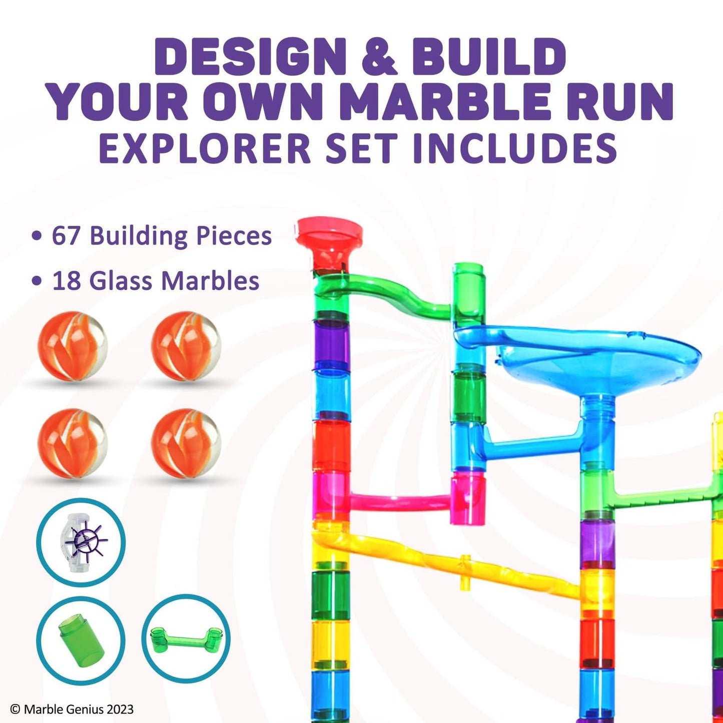 Marble Genius Marble Run Explorer Set — 85 Track Pieces & 18 Glass Marbles for Kids Aged 4-12