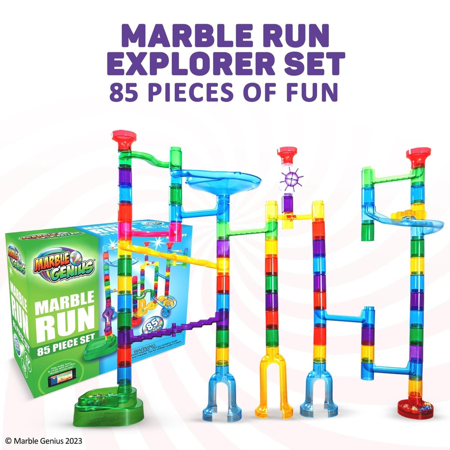 Marble Genius Marble Run Explorer Set — 85 Track Pieces & 18 Glass Marbles for Kids Aged 4-12