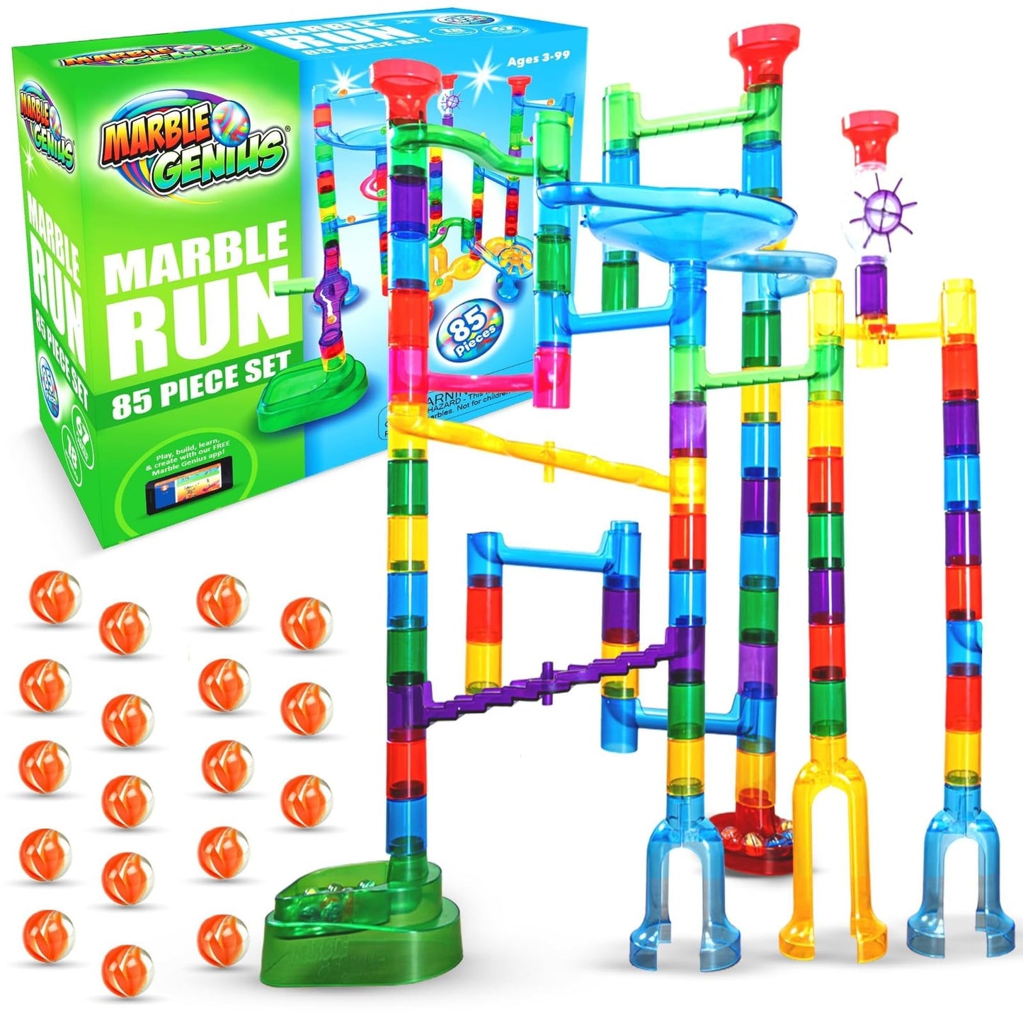 Marble Genius Marble Run Explorer Set — 85 Track Pieces & 18 Glass Marbles for Kids Aged 4-12