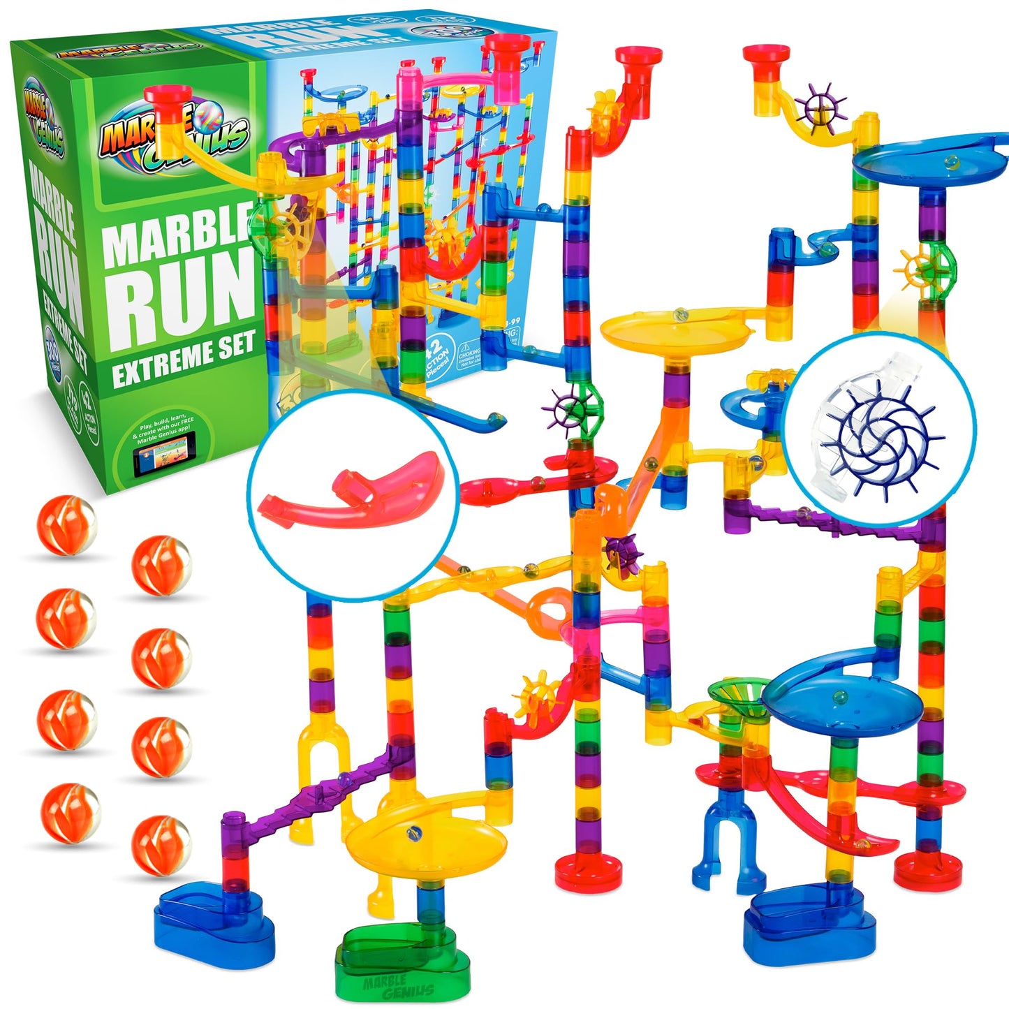Marble Genius Marble Run Extreme Set | 300-Piece STEM Marble Track & Glass Marbles for Kids 4-8