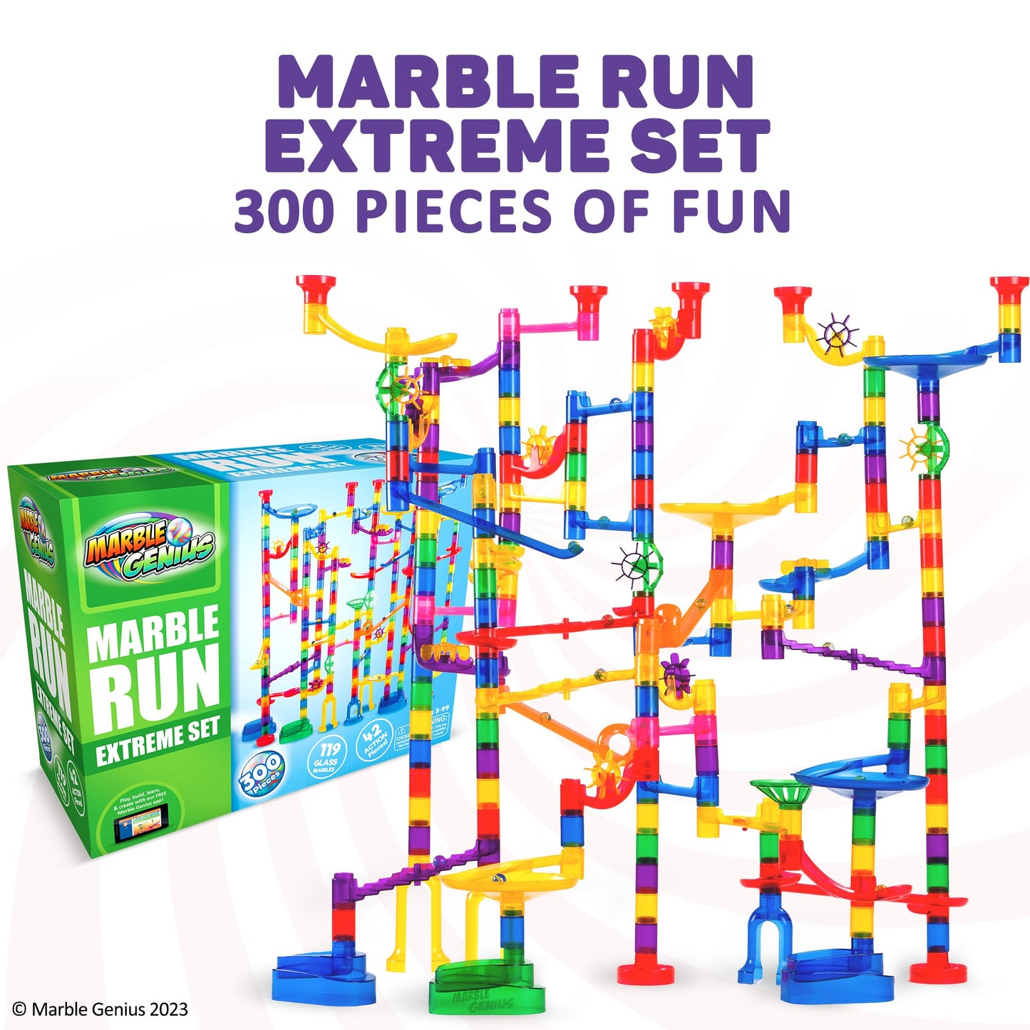 Marble Genius Marble Run Extreme Set | 300-Piece STEM Marble Track & Glass Marbles for Kids 4-8