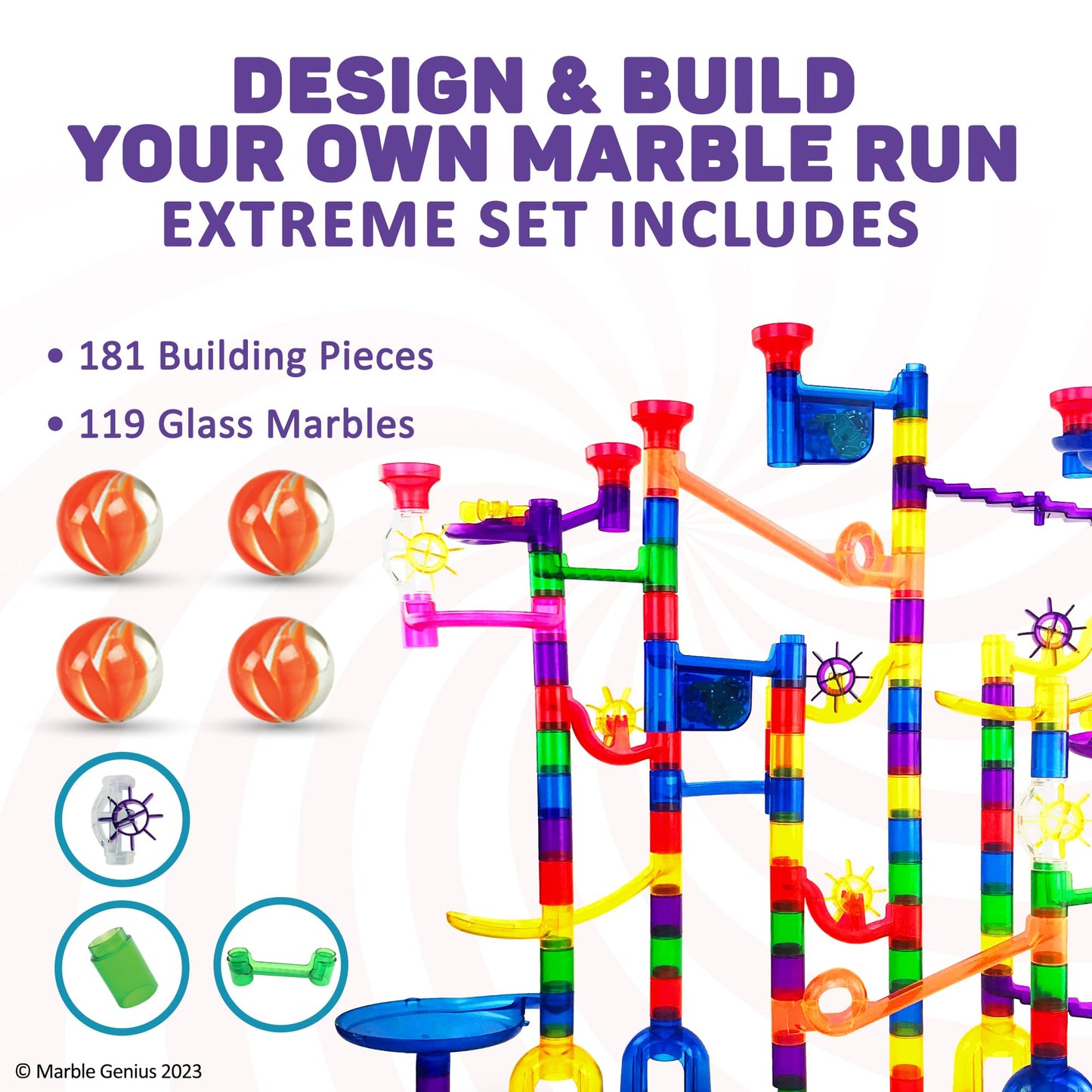 Marble Genius Marble Run Extreme Set | 300-Piece STEM Marble Track & Glass Marbles for Kids 4-8
