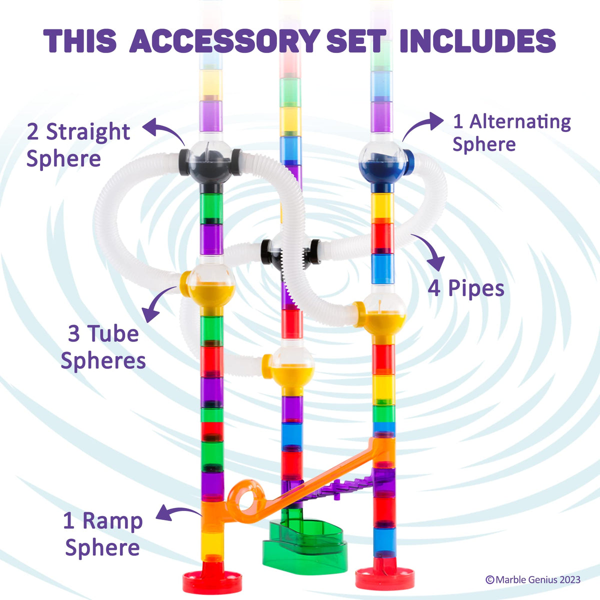 Marble Genius Marble Run Pipe & Sphere Accessory Add-on Set – 10-Piece, Compatible with Marble Run Tracks