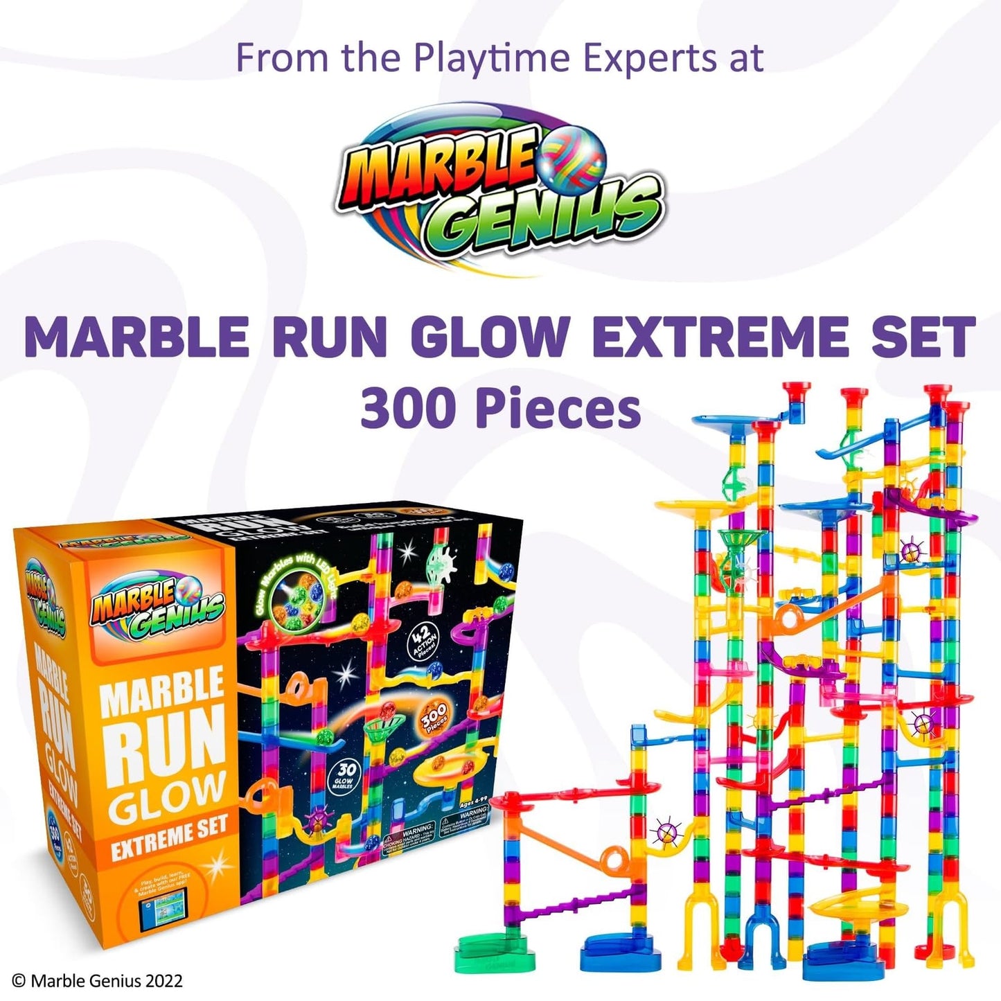 Marble Genius Marble Run Race Track - 300-Piece Glow Extreme STEM Toy for Kids 4+