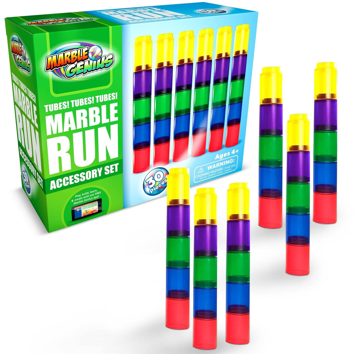 Marble Genius Tubes 30pcs – Educational Marble Run Accessory Set for 4+