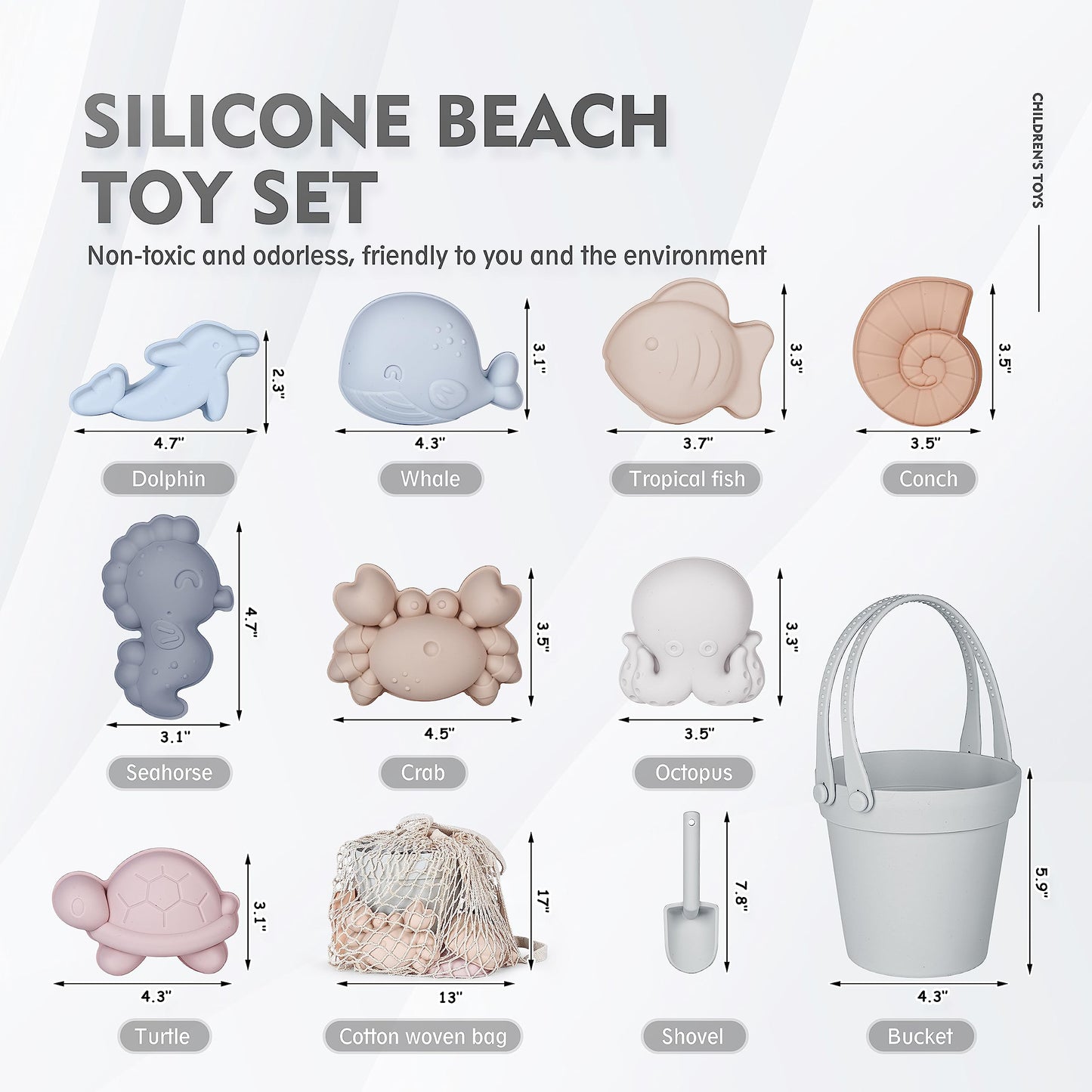 MarcZero 11Pcs Silicone Beach Toys Set – Travel-Friendly, BPA-Free, Gray