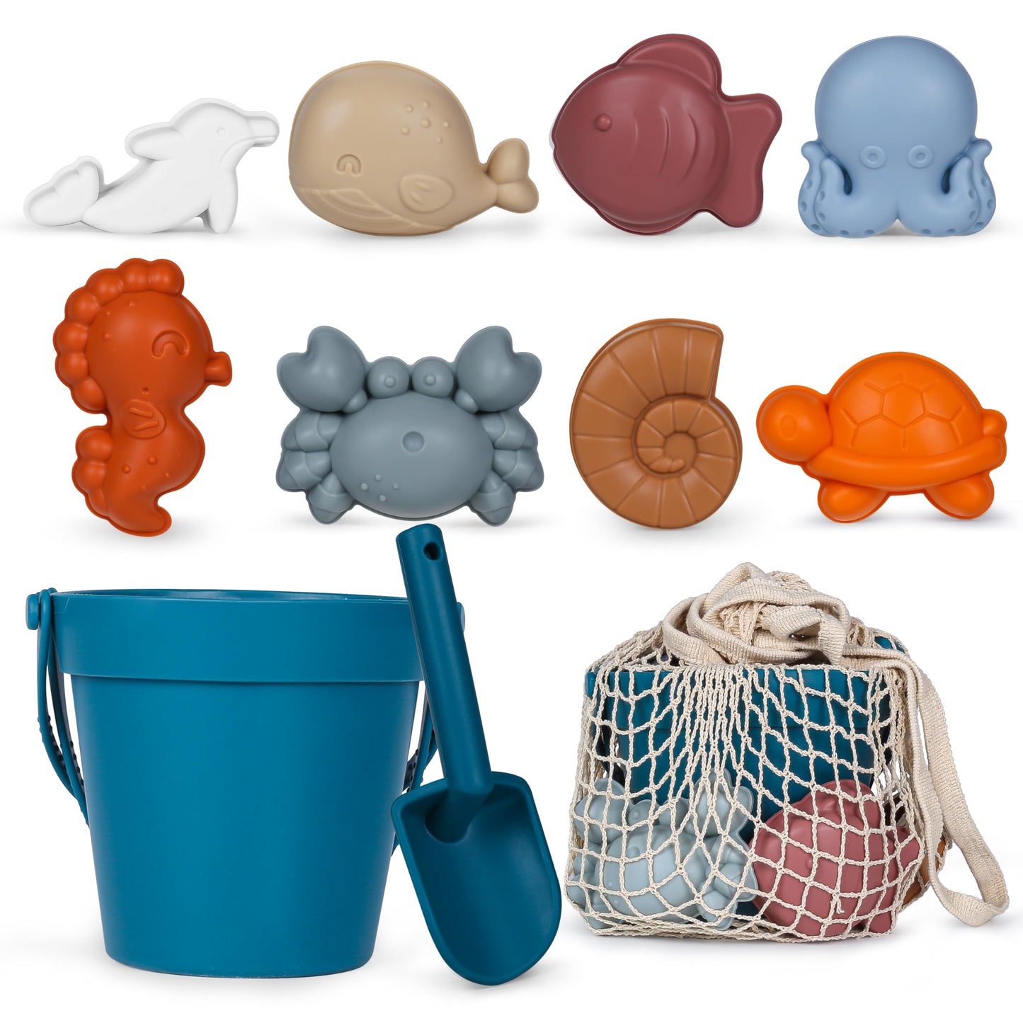 MarcZero 11Pcs Silicone Beach Toys – Modern, Travel-Friendly Baby Beach Set (Dark Blue)