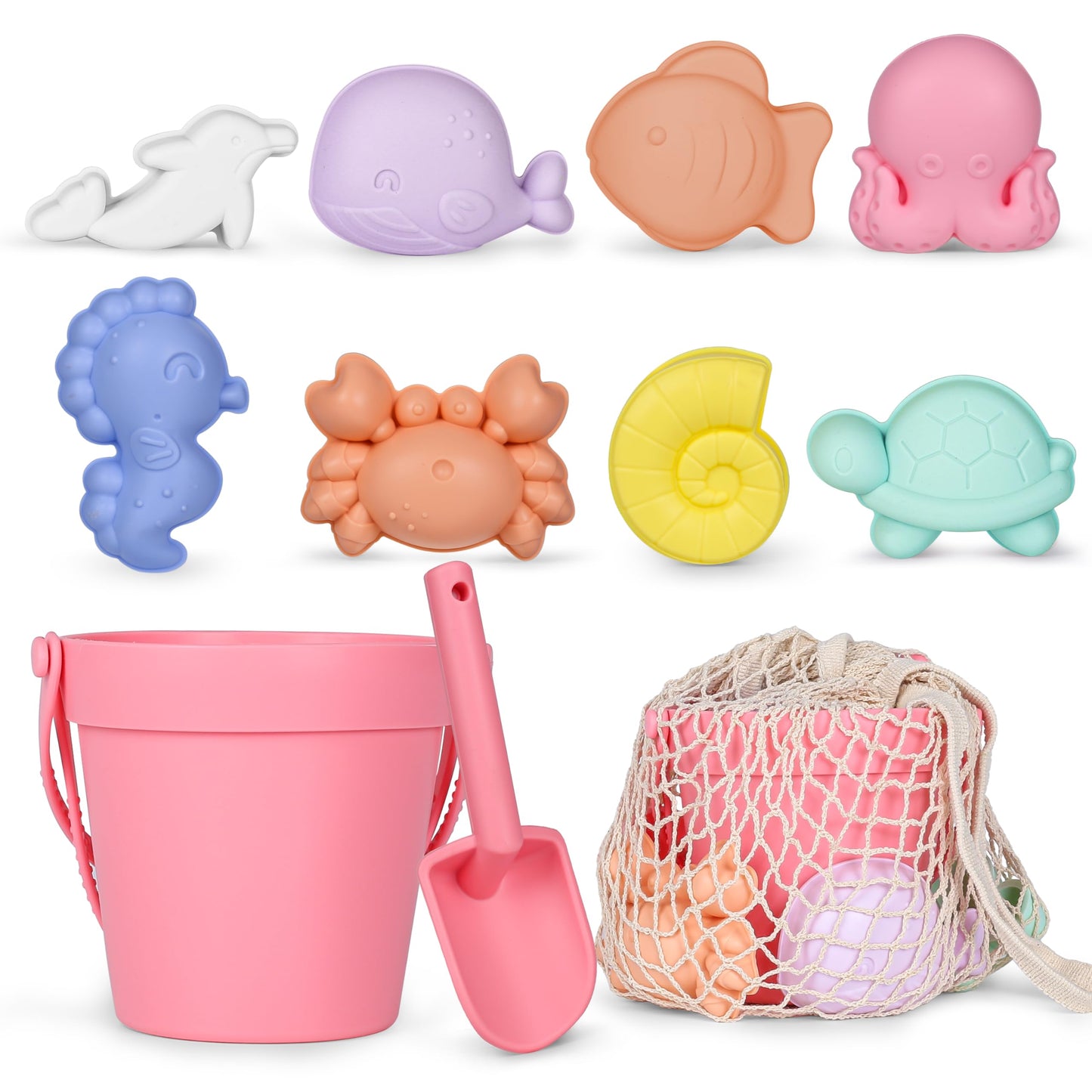 MarcZero 11Pcs Silicone Beach Toys Set - Modern, Travel-Friendly, Eco-Friendly Beach Kit (Peach Pink)