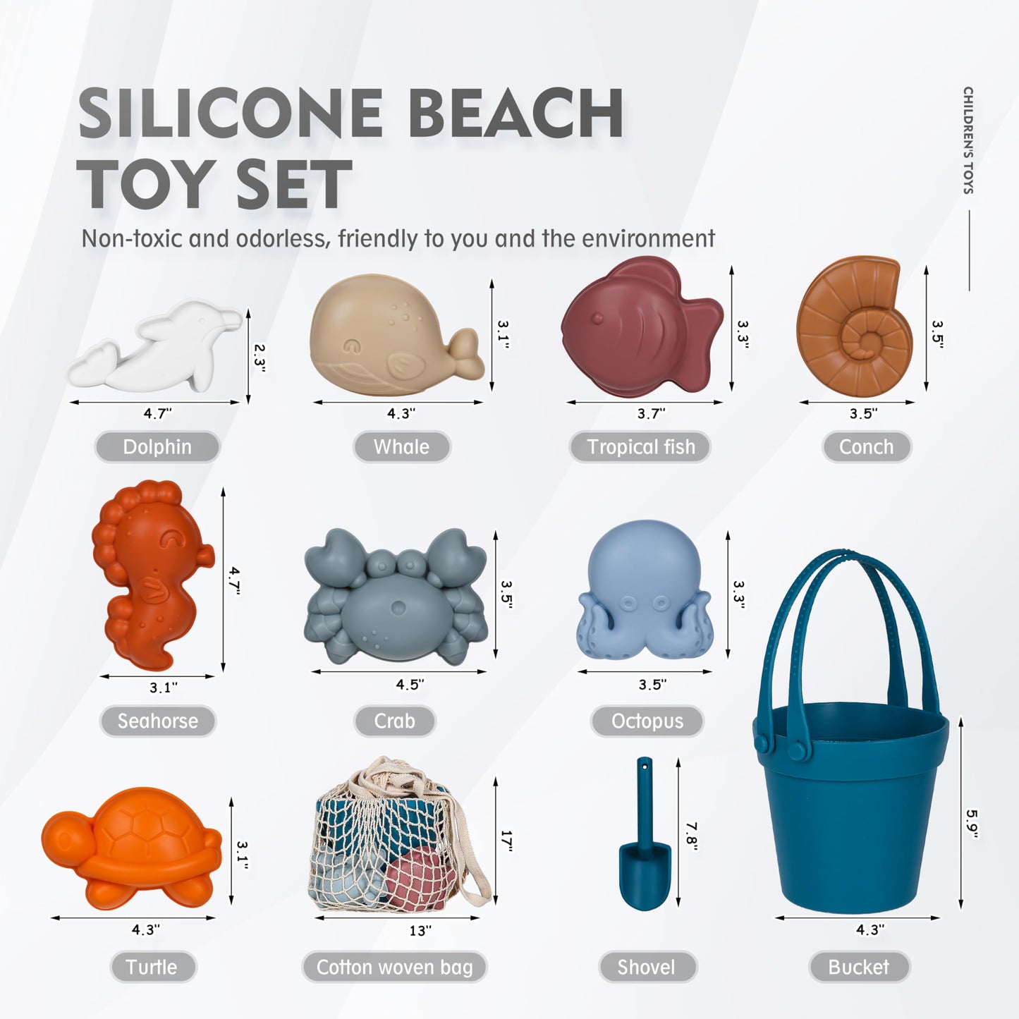 MarcZero 11Pcs Silicone Beach Toys – Modern, Travel-Friendly Baby Beach Set (Dark Blue)