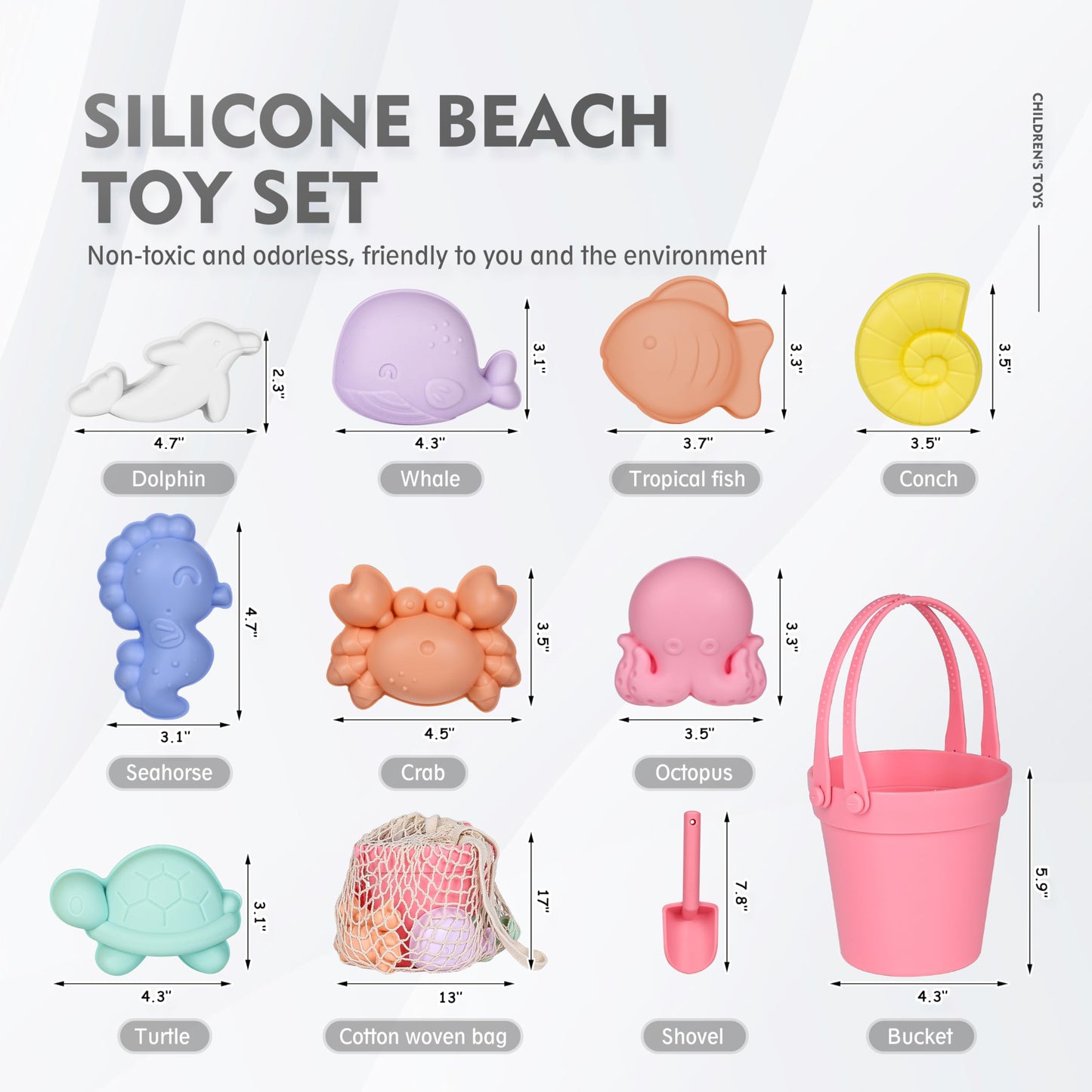 MarcZero 11Pcs Silicone Beach Toys Set - Modern, Travel-Friendly, Eco-Friendly Beach Kit (Peach Pink)