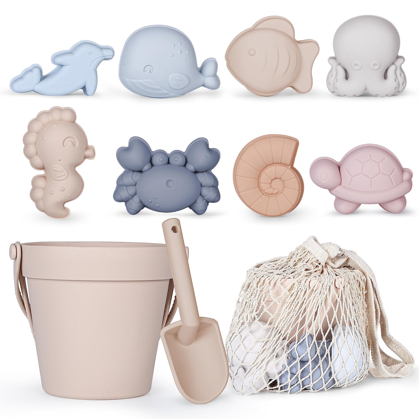 MarcZero 11-Pcs Silicone Beach Toys Set – Travel-Friendly Beach Bucket, Shovel & 8 Sand Molds (Beige)