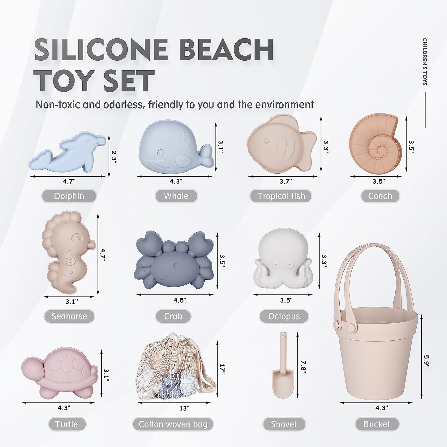 MarcZero 11-Pcs Silicone Beach Toys Set – Travel-Friendly Beach Bucket, Shovel & 8 Sand Molds (Beige)