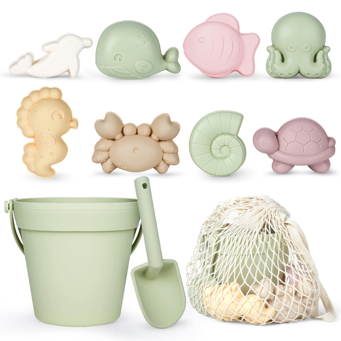 MarcZero 11Pcs Silicone Beach Toys – Modern, Travel-Friendly Sand Set (Green)