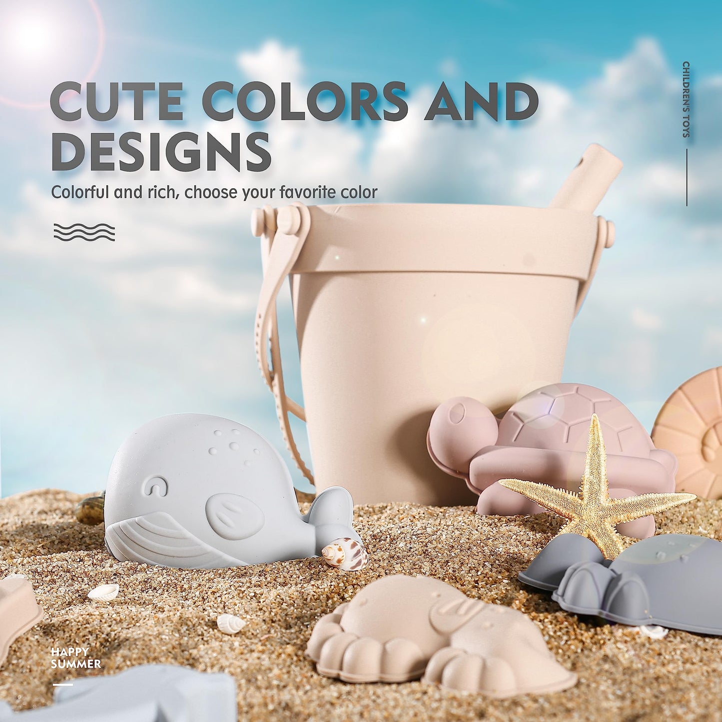 MarcZero 11-Pcs Silicone Beach Toys Set – Travel-Friendly Beach Bucket, Shovel & 8 Sand Molds (Beige)