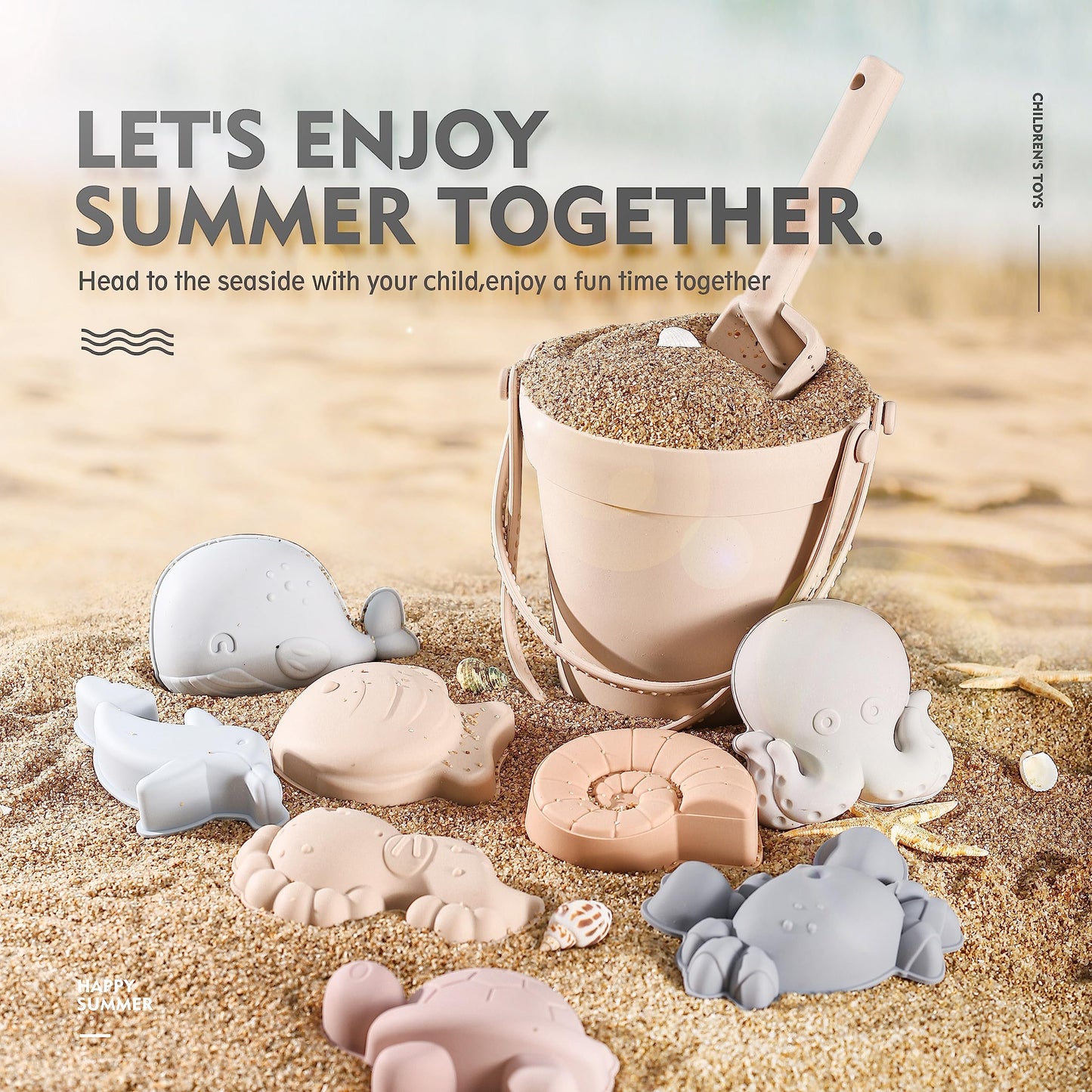 MarcZero 11-Pcs Silicone Beach Toys Set – Travel-Friendly Beach Bucket, Shovel & 8 Sand Molds (Beige)