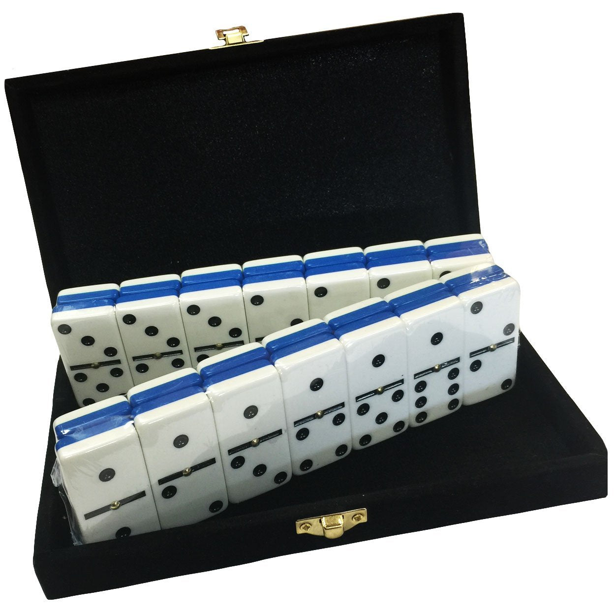 Marion Domino Double 6 Jumbo Tiles – Blue & White, Center Spinner, Velvet Case