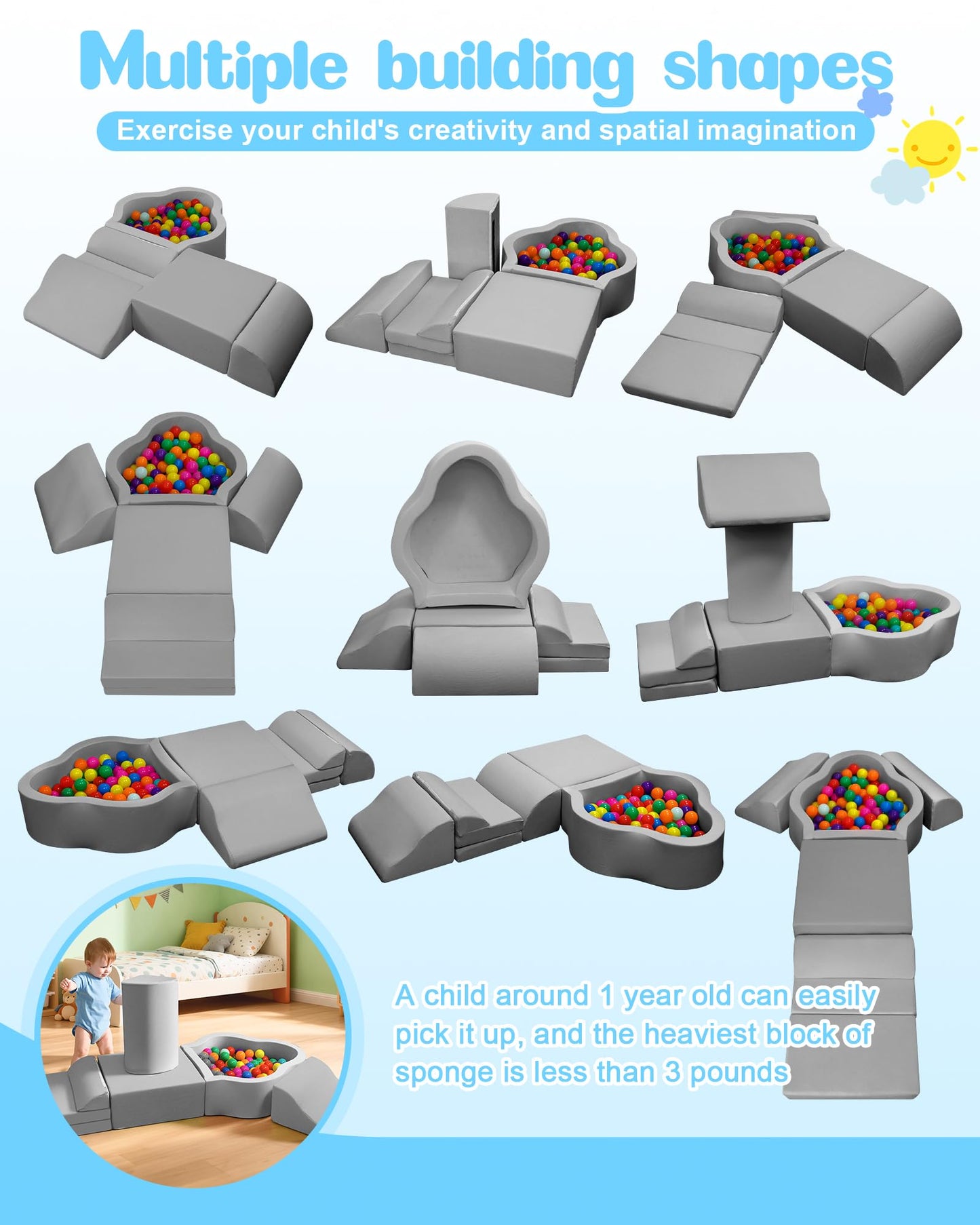 Markdang Soft Play Set: Baby Foam Climbing Blocks with Anti-Slip Base & Velcro Connectors (Grey)